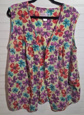 Moon Dance Floral Snap Front Smock Apron Top Women's 2XL Sleeveless Pockets